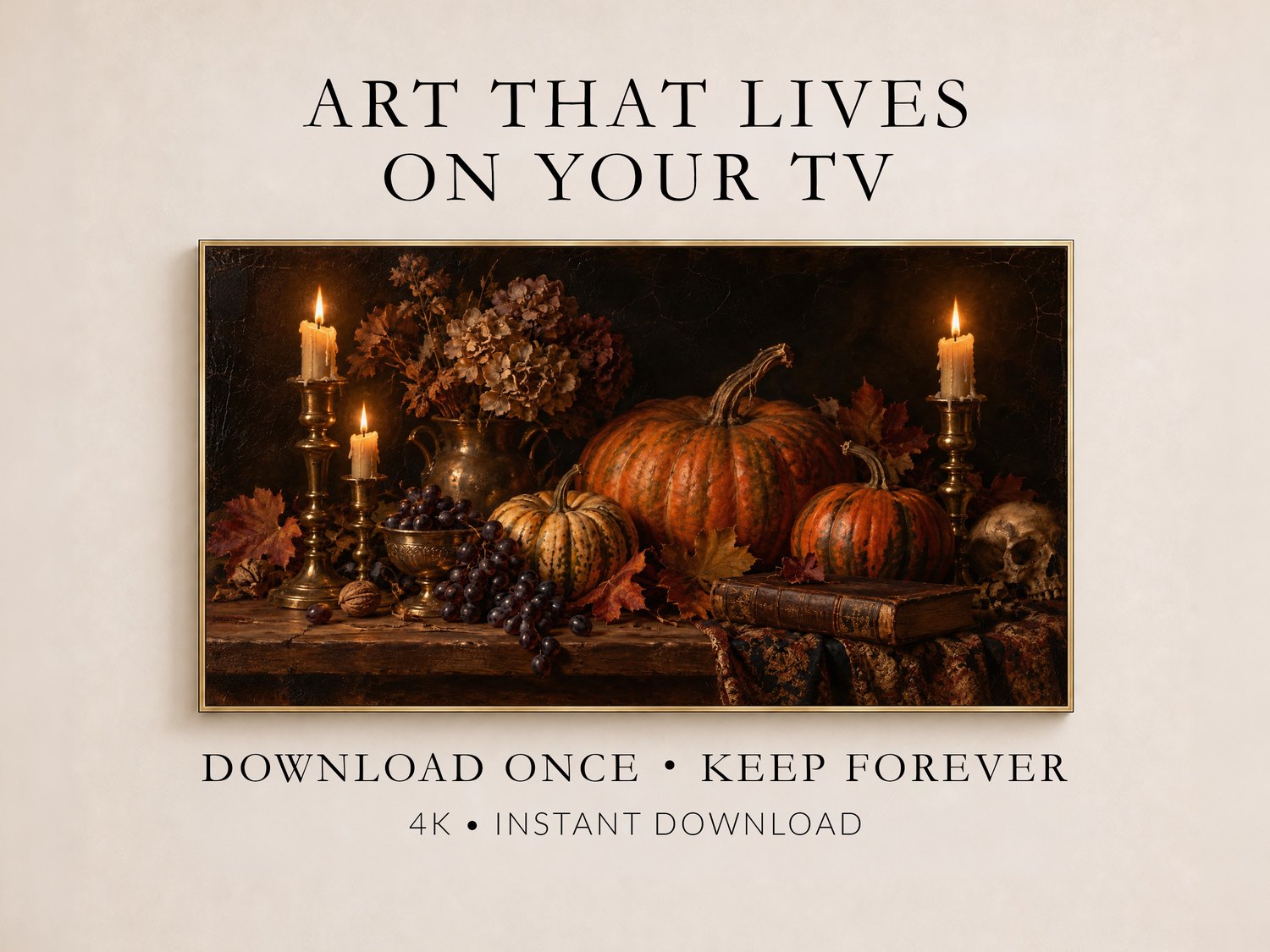 Autumn still life Frame TV art depicting candlelit pumpkins, dried flowers and grapes, shown on promotional display with gold frame and cream background.