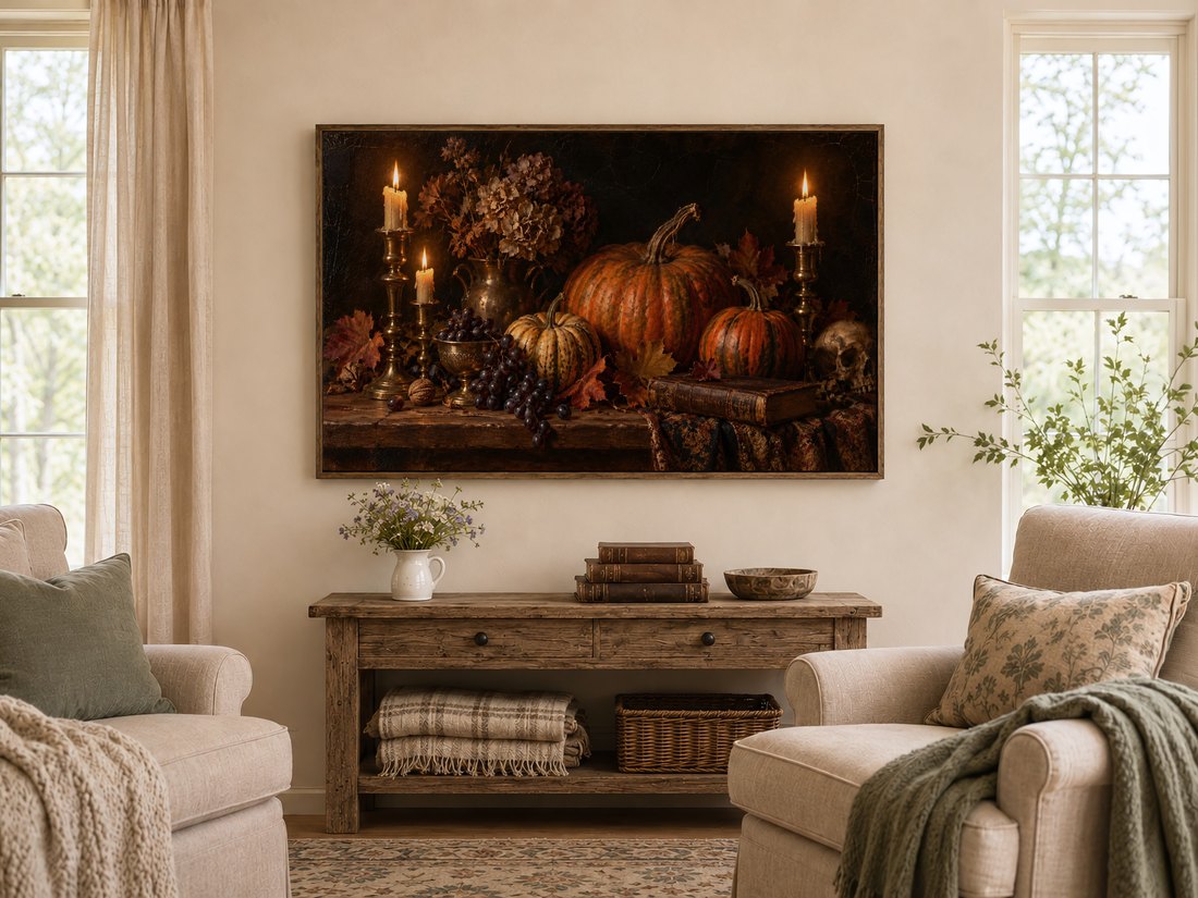 Dark moody pumpkin still life Frame TV art displayed in a warm farmhouse living room above a rustic console table with white wildflowers, antique leather books and cream armchairs.