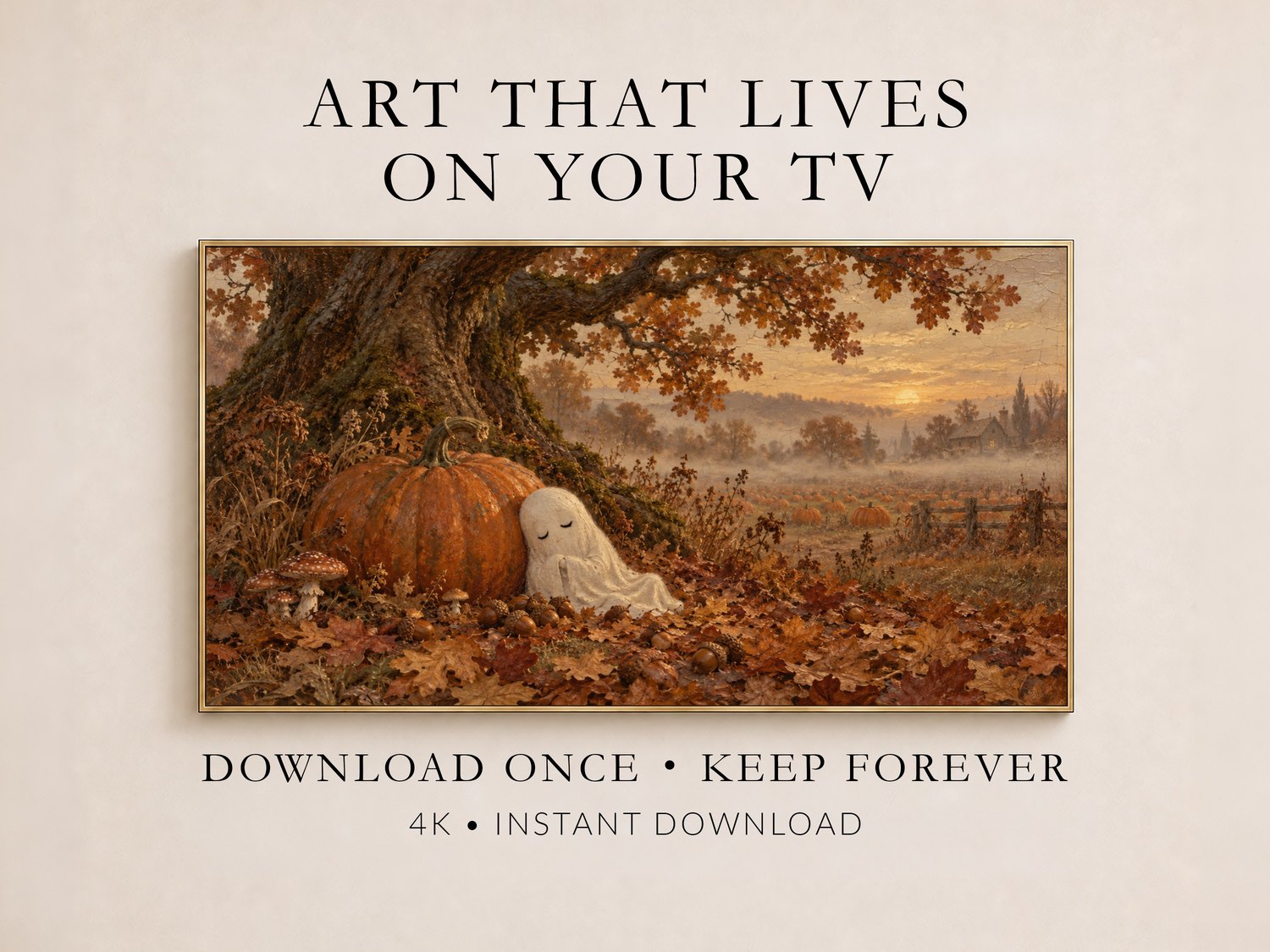 Autumn pumpkin patch Frame TV art with a white ghost and golden oak tree overlooking a misty harvest field, shown on a cream wall in a thin gold frame.