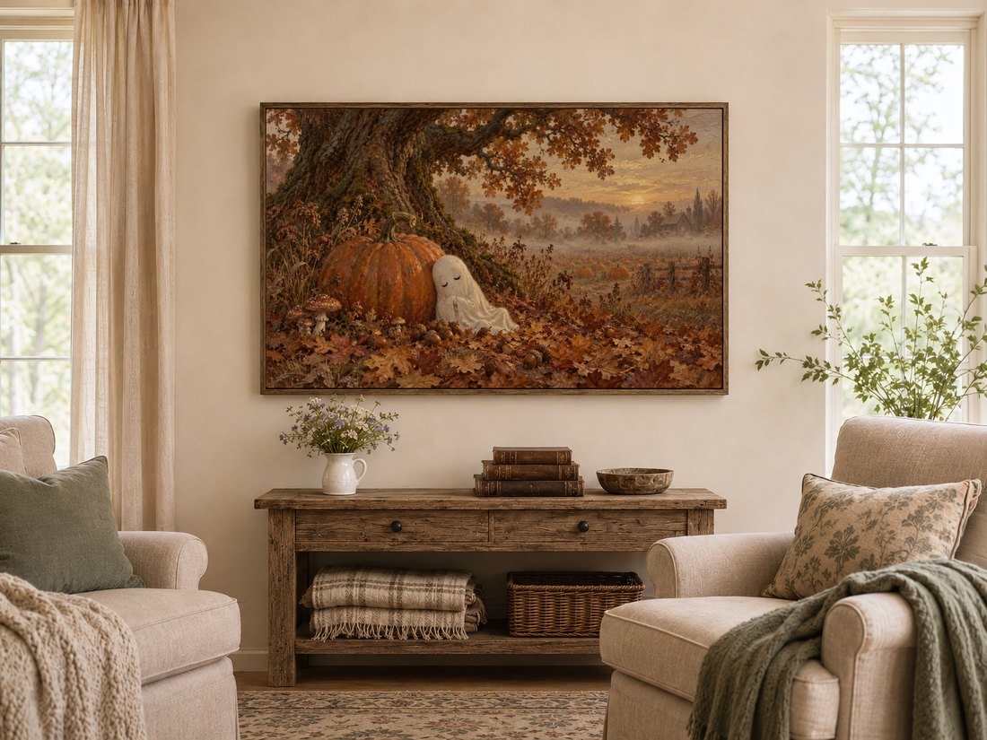Vintage pumpkin field artwork shown on Frame TV in a farmhouse living room with dark reclaimed-wood frame, rustic console table, wildflowers and cream armchairs with sage cushions.