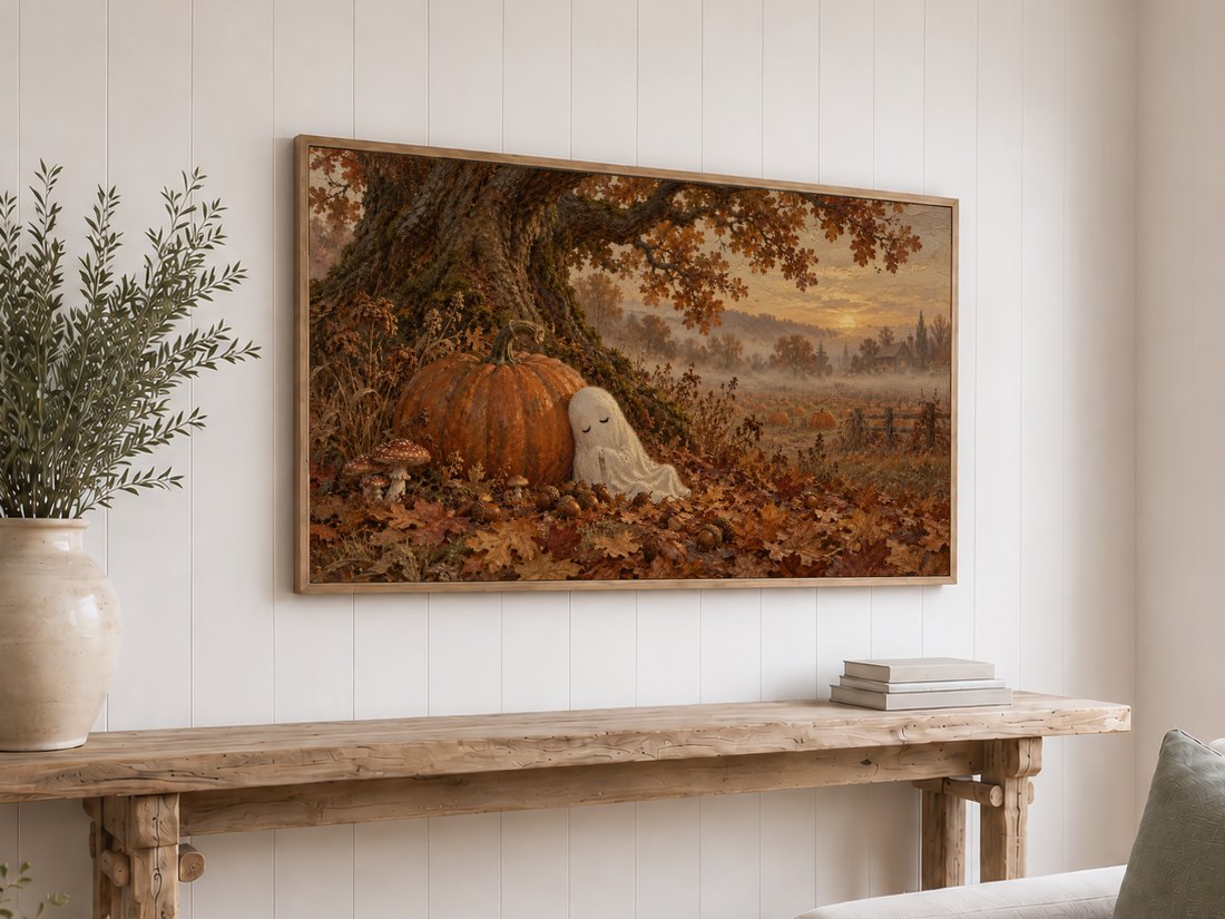 Misty pumpkin patch Frame TV art shown above rustic reclaimed-wood console table on white shiplap wall, styled with olive branches and cream ceramic vase.