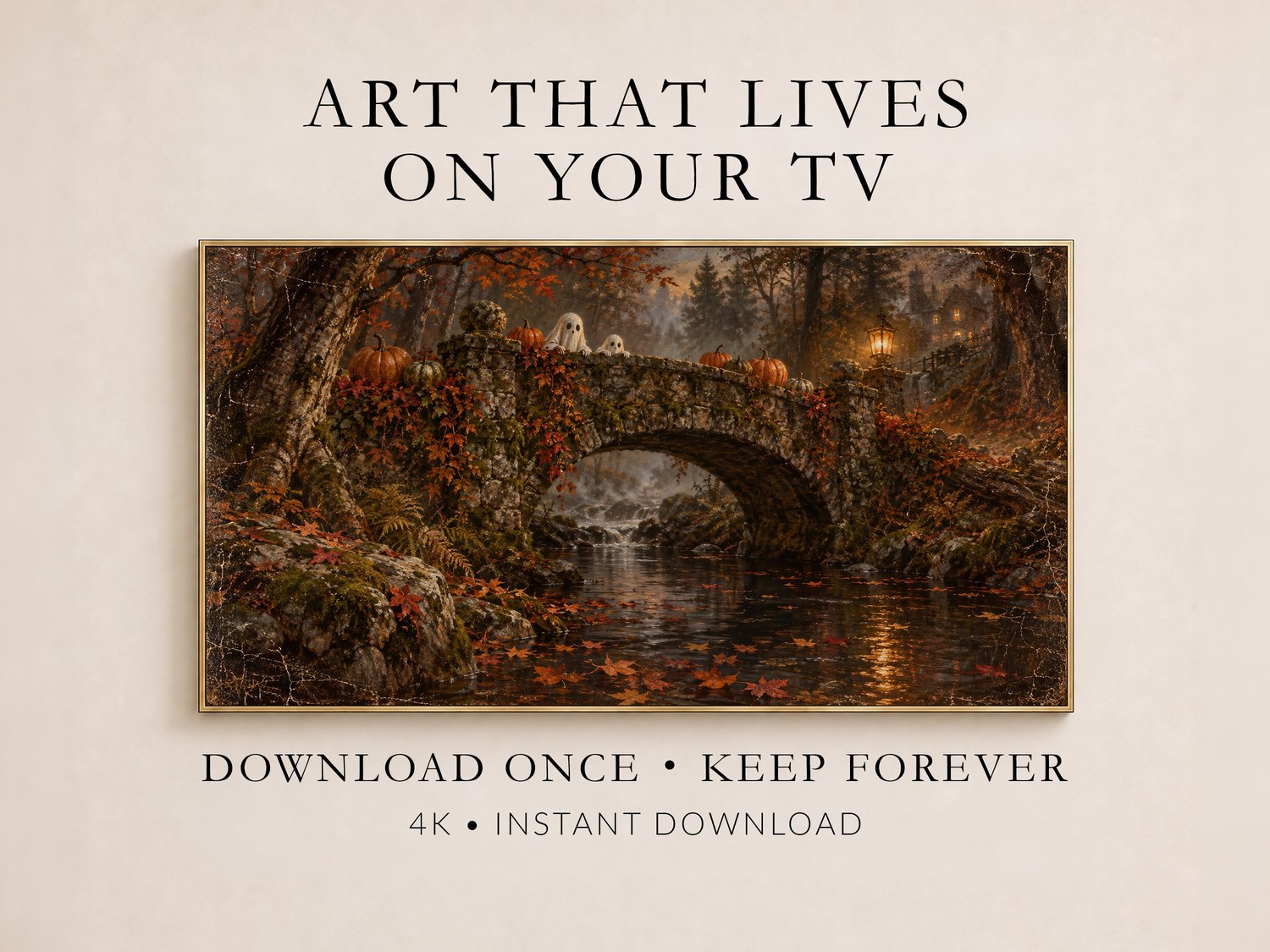 Autumn Ghosts on the Stone Bridge Frame TV art displayed on a thin gold frame against a soft cream wall, promoting 4K instant download digital art for your TV.