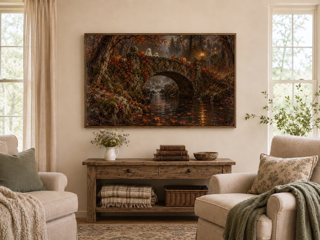 Autumn Ghosts on the Stone Bridge Frame TV art displayed above a rustic console table in a warm farmhouse living room, flanked by cream armchairs with sage cushions and tall linen-curtained windows.
