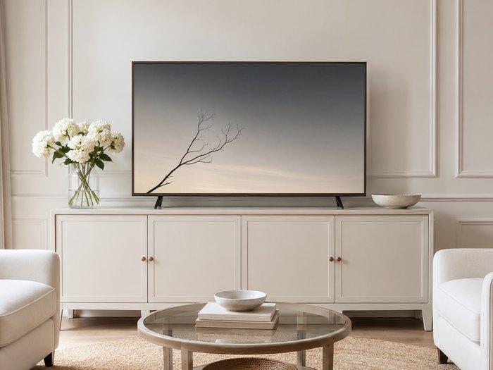 Minimalist branch and dusk sky artwork displayed on a Frame TV in a neutral living room with a cream panelled wall, long sideboard with brass knobs, white hydrangeas, and pale armchairs on a jute rug.