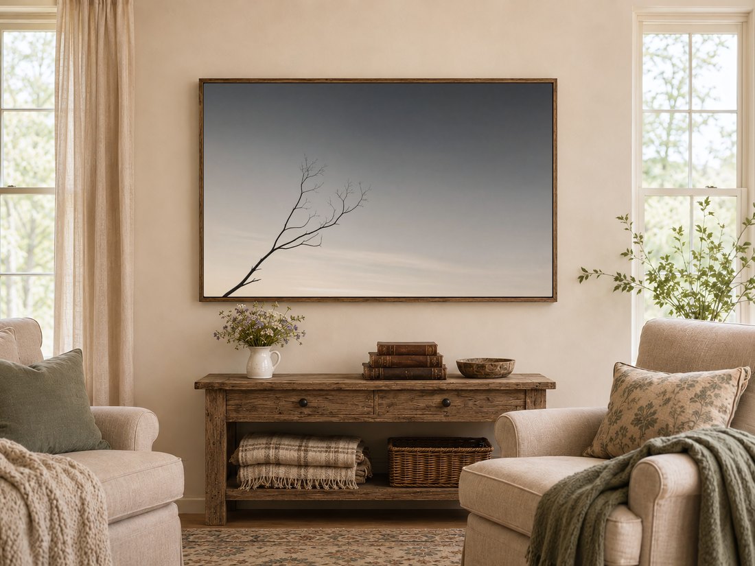 Bare branch silhouette against a muted twilight sky shown on a Frame TV in a dark reclaimed-wood frame above a rustic console table with wildflowers, antique books, and cream armchairs with sage cushions.