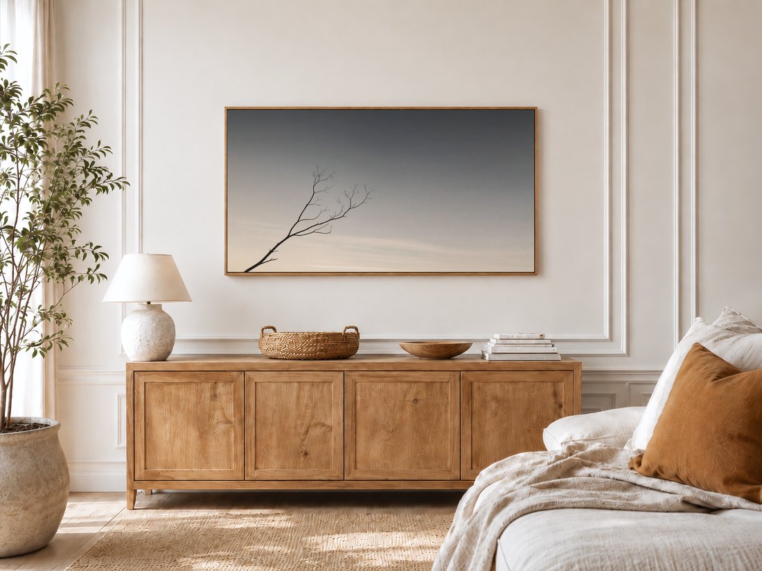 Quiet dusk sky and branch artwork on a Frame TV in a bright bedroom with cream panelled moulding, a light oak sideboard, textured ceramic lamp, potted olive tree, and linen bed with a rust cushion.