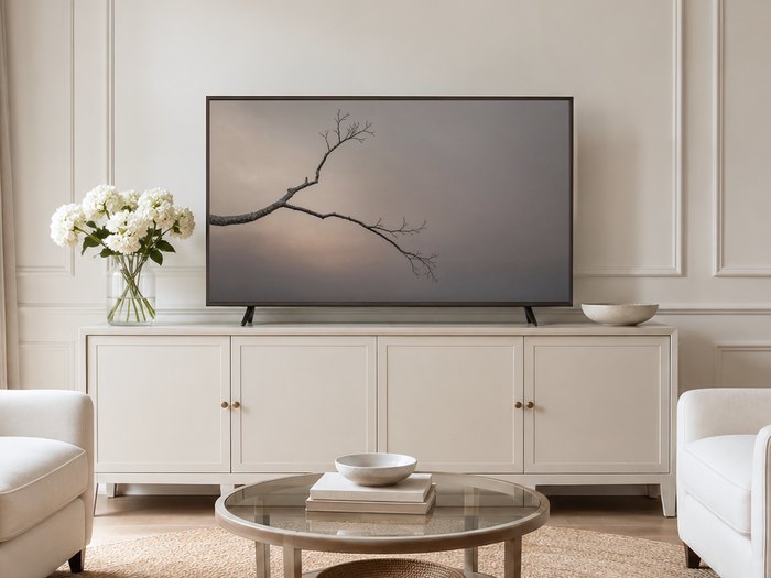 Bare branch Frame TV art on a cream panelled wall in a neutral living room with a long sideboard, white hydrangeas, glass coffee table and pale armchairs on a jute rug, adding calm minimal decor.