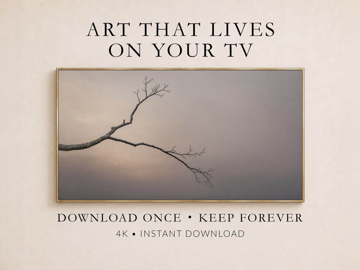 Bare branch photo displayed in a thin gold frame on a soft cream wall, showing muted grey and dusky pink tones, for a Frame TV instant download that keeps your screen quietly decorative.