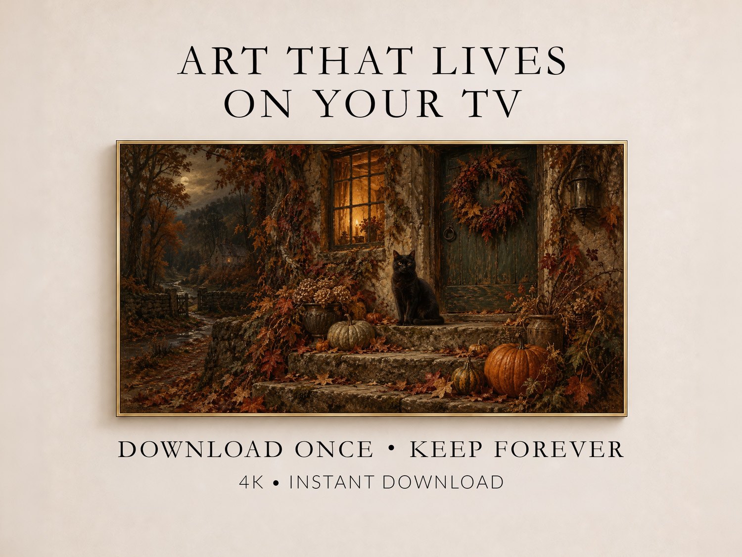 Frame TV Art mockup showing a gothic autumn scene of a black cat at a cottage door surrounded by ivy, pumpkins and glowing window light on a cream wall.