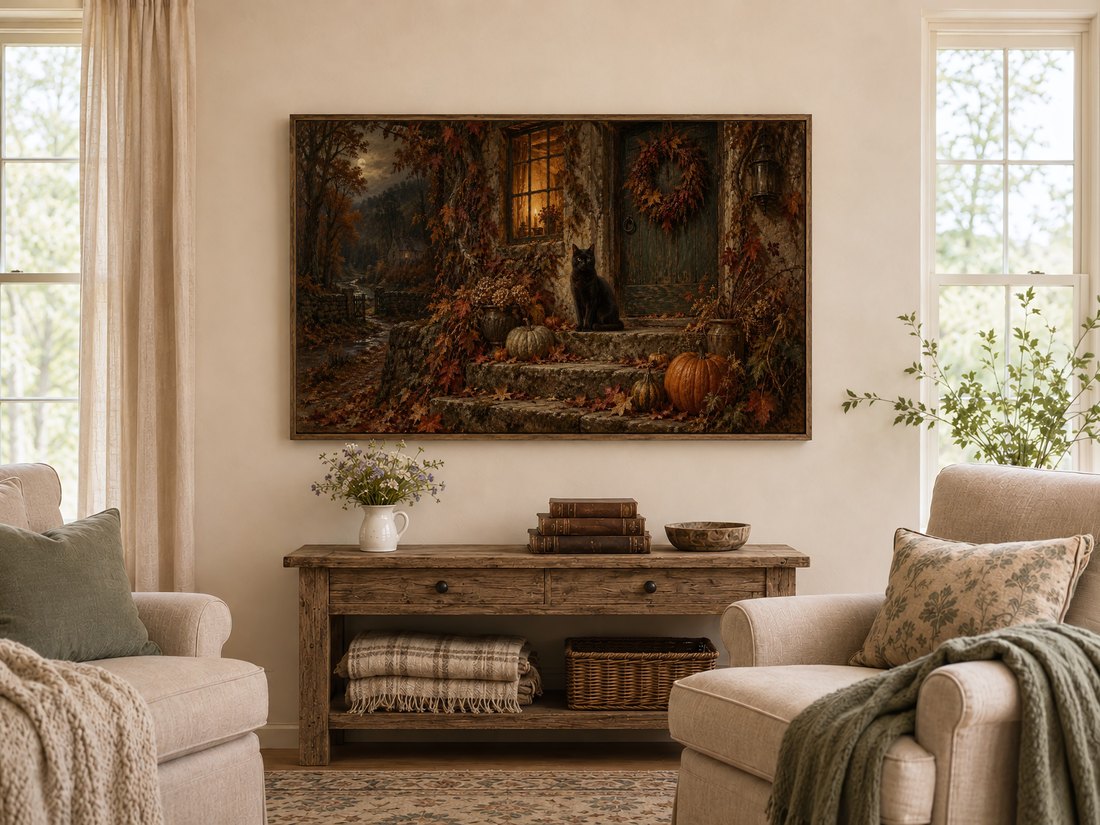 Cottage gothic art shown on Frame TV in warm farmhouse living room with dark reclaimed wood console, wildflower pitcher, antique books and cream armchairs with sage cushions.