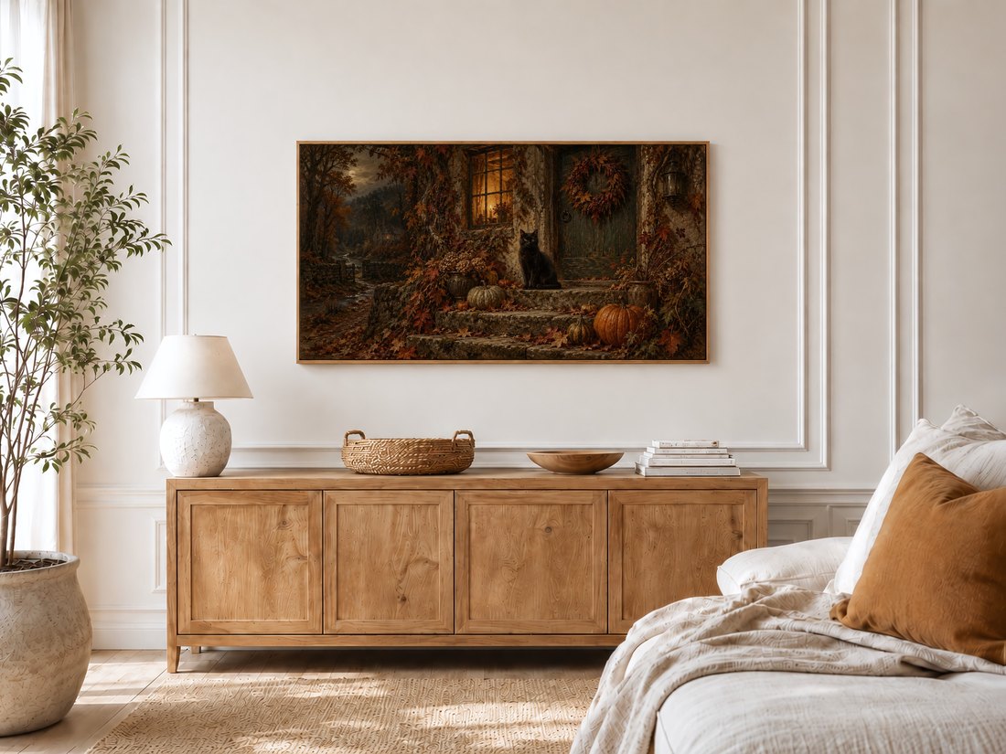 Moody autumn cottage scene displayed on Frame TV in bright bedroom with cream panelled walls, light oak sideboard, textured ceramic lamp, olive tree and linen bed with rust cushion.
