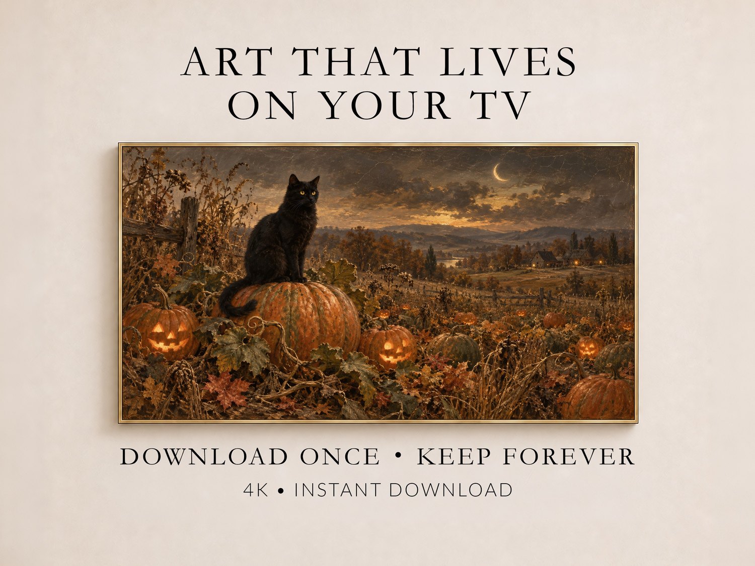 Black Cat in the Autumn Pumpkin Patch Frame TV Art shown in a thin gold frame on a cream wall, featuring a black cat perched on a glowing jack-o'-lantern in a moonlit pumpkin field with warm golden tones.