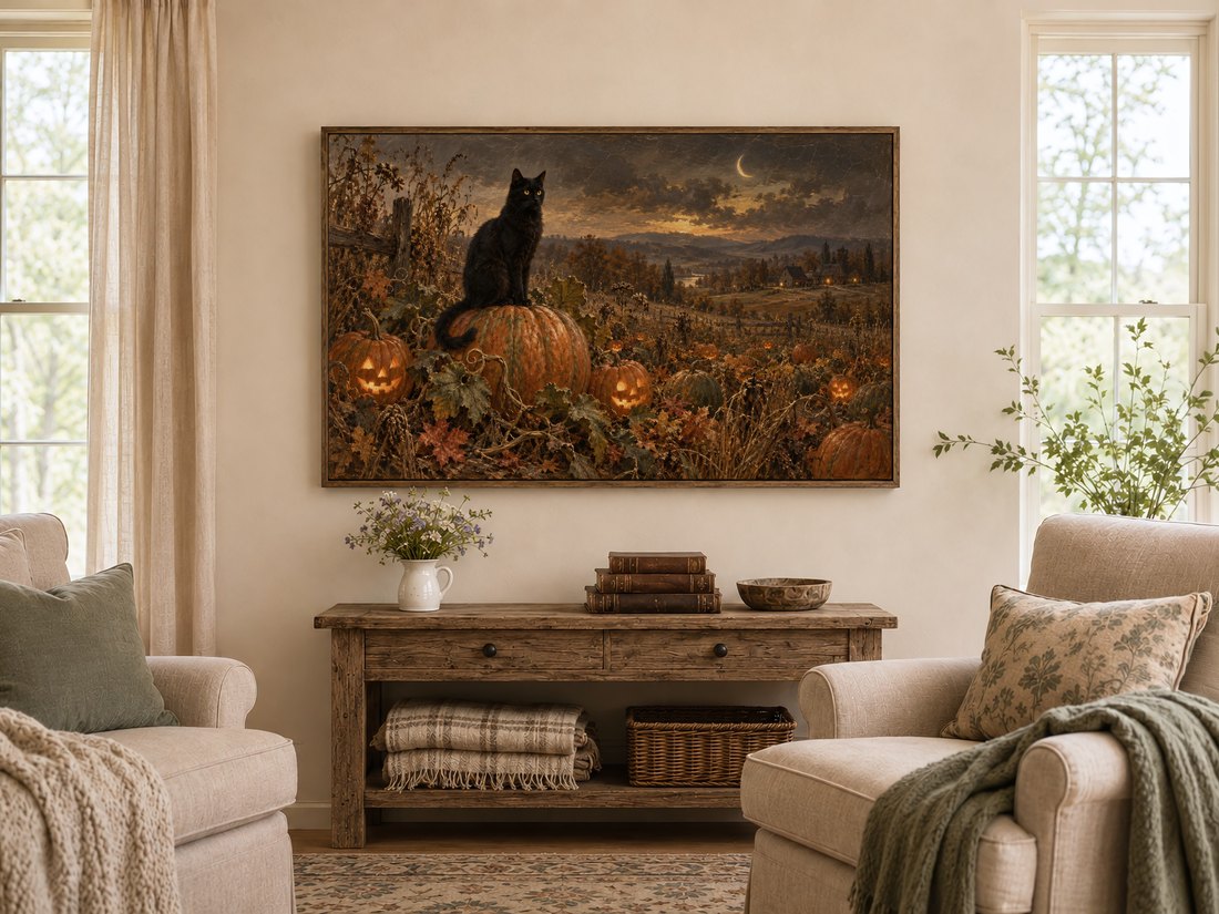 Halloween Frame TV Art hung above a rustic console table in a farmhouse living room with wildflowers, antique books, cream armchairs with sage cushions and tall linen windows, displaying an autumn pumpkin patch with a black cat.