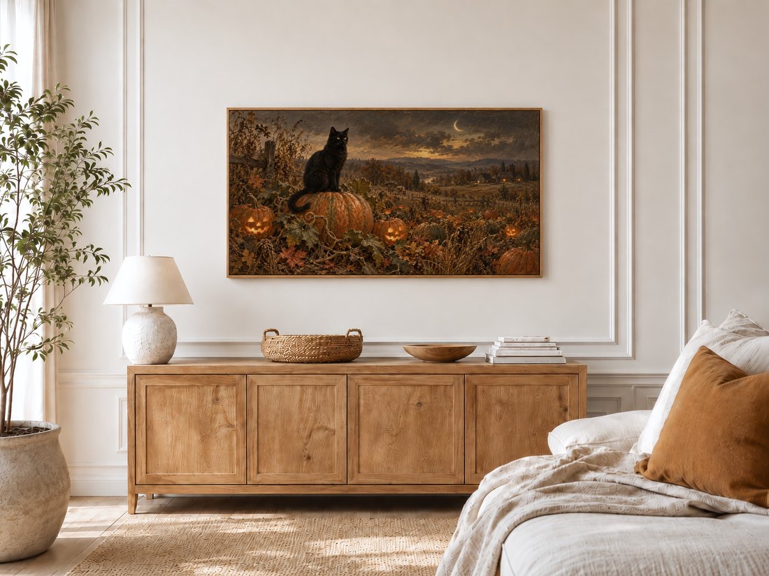 Frame TV Art shown in a bright bedroom with cream moulding, light oak sideboard, ceramic lamp, textured rattan tray, potted olive tree and linen bed, featuring a moody autumn scene with a black cat and glowing pumpkins.