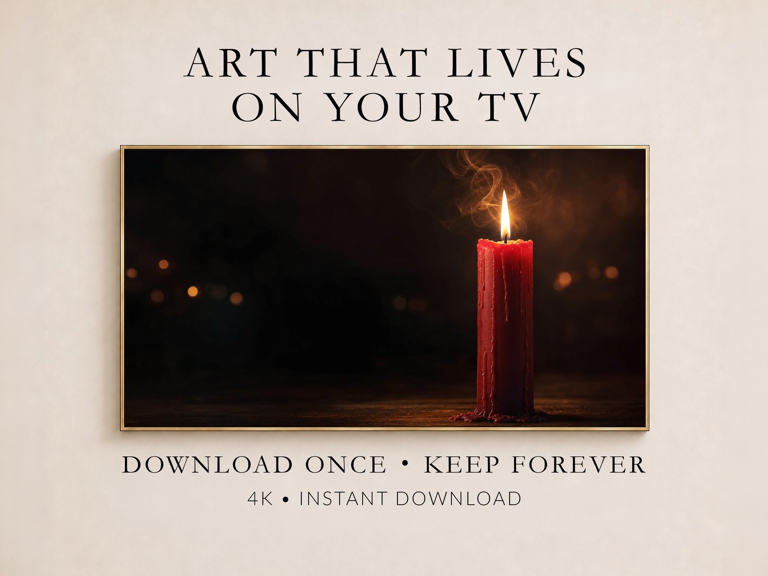 Red candle Frame TV Art displayed in a thin gold frame on a cream wall, promotional layout reading Art That Lives On Your TV, Download Once Keep Forever, 4K Instant Download.