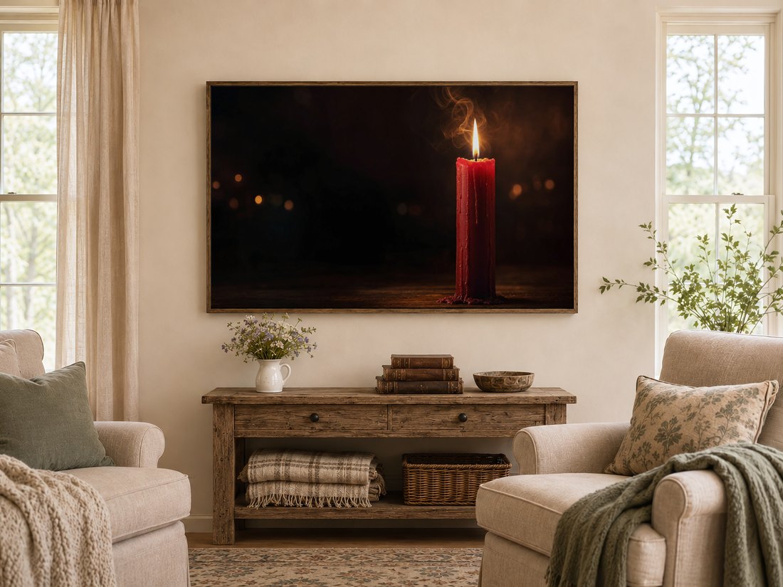 Dark red candle Frame TV Art glowing above a rustic reclaimed-wood console in a warm farmhouse living room, flanked by cream armchairs with sage cushions and linen-curtained windows.