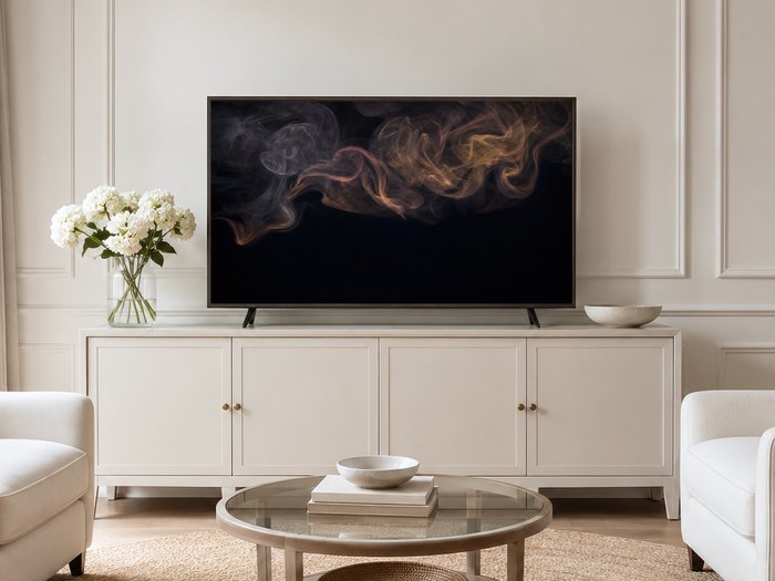 Drifting smoke frame TV art displayed above a cream sideboard in a neutral living room with white hydrangeas, a glass coffee table, and pale armchairs on a jute rug, adding quiet abstract movement to the space.
