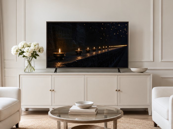 Row of glowing candles on a stone ledge shown on a Frame TV above a cream sideboard, in a neutral living room with white hydrangeas, a glass coffee table and pale armchairs on a jute rug.