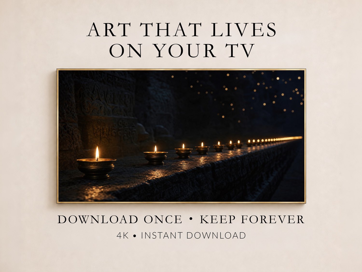 Promotional image of candlelit stone ledge Frame TV art in a thin gold frame on a cream wall, with text reading Art That Lives On Your TV, Download Once Keep Forever, and 4K Instant Download.