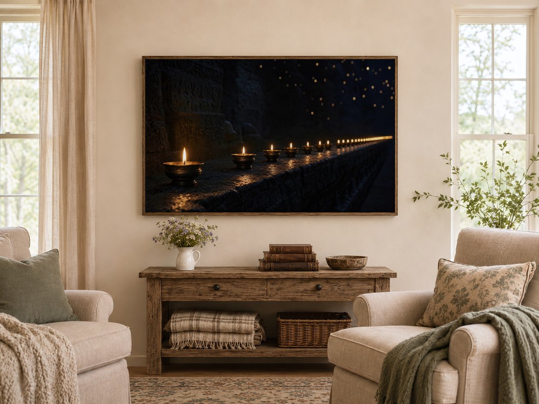 Candlelit stone ledge artwork displayed in a dark reclaimed-wood frame in a warm farmhouse living room, above a rustic console with wildflowers, leather books and a carved wooden bowl, flanked by sage-cushioned armchairs.