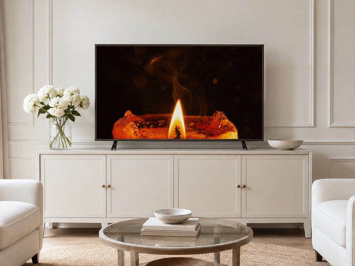 Candle flame macro art displayed on a Frame TV in a neutral living room with a cream panelled wall, long sideboard, white hydrangeas and pale armchairs on a jute rug, warm amber tones adding cozy contrast.