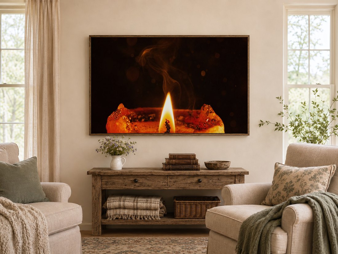Close up candle flame artwork shown on a Frame TV in a farmhouse living room above a reclaimed wood console with wildflowers, leather books and a carved bowl, flanked by cream armchairs with sage cushions.