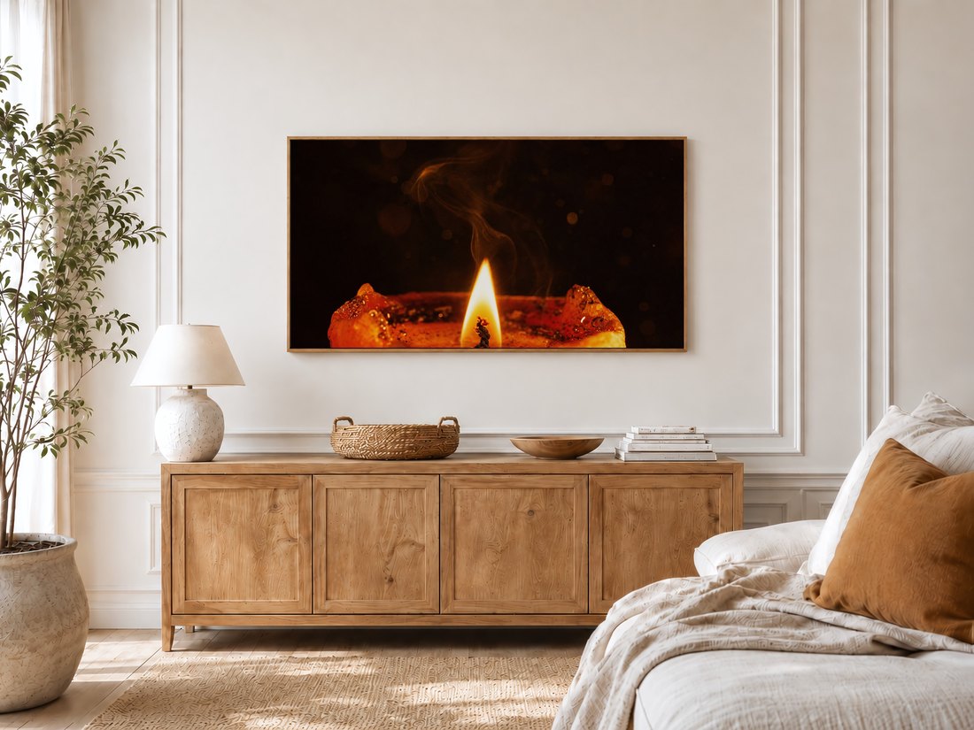 Macro flame and smoke artwork on a Frame TV in a bright bedroom with cream panelled moulding, oak sideboard, textured ceramic lamp, potted olive tree and a linen bed with a rust cushion.