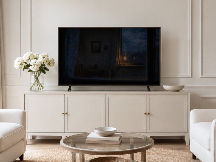 Candlelit dusk window artwork displayed on a Frame TV in a neutral living room with a cream panelled wall, long sideboard, white hydrangeas, and pale armchairs on a jute rug, adding a quiet glow to the calm space.