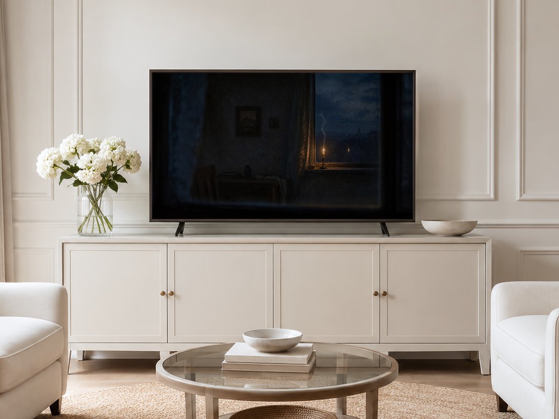 Candlelit dusk window artwork displayed on a Frame TV in a neutral living room with a cream panelled wall, long sideboard, white hydrangeas, and pale armchairs on a jute rug, adding a quiet glow to the calm space.