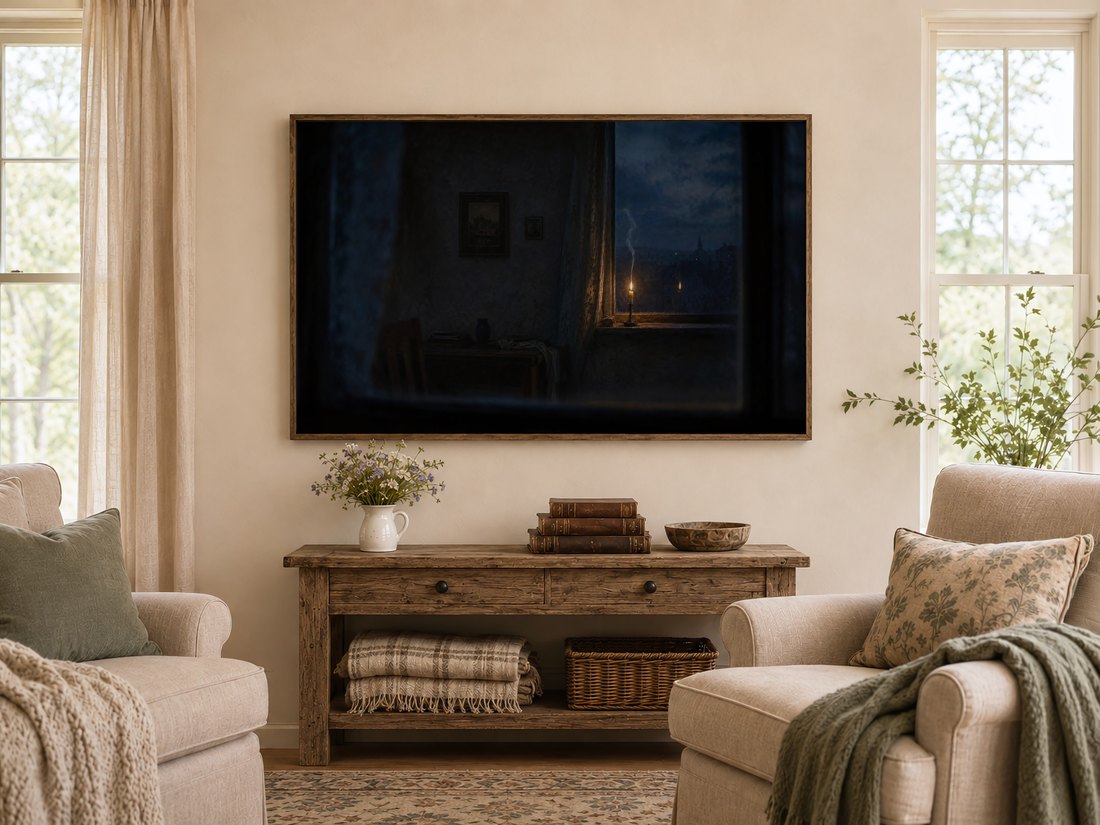 Moody blue candlelight scene on a Frame TV in a warm farmhouse living room, set above a rustic console table with wildflowers and leather books, flanked by cream armchairs and linen curtains for a cozy evening feel.