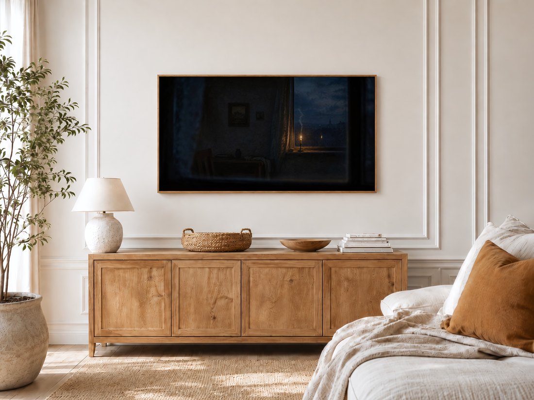 Dusk window candle artwork on a Frame TV in a bright bedroom with cream panelled moulding, a light oak sideboard, ceramic lamp, and linen bed with a rust cushion, bringing a soft glow to the restful room.