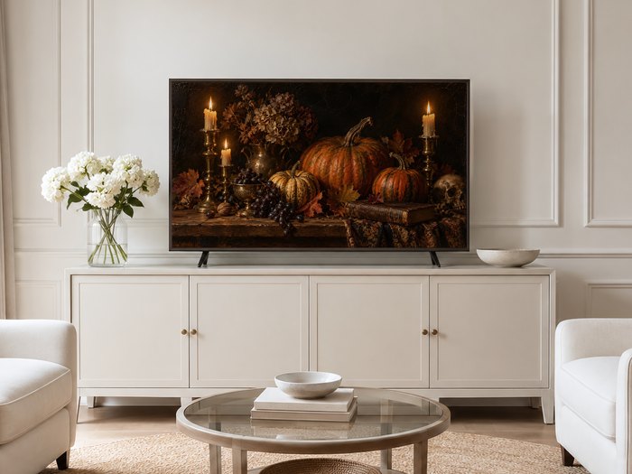 Candlelit pumpkin still life artwork displayed on a Frame TV above a cream sideboard in a neutral living room with white hydrangeas, glass coffee table and pale armchairs.
