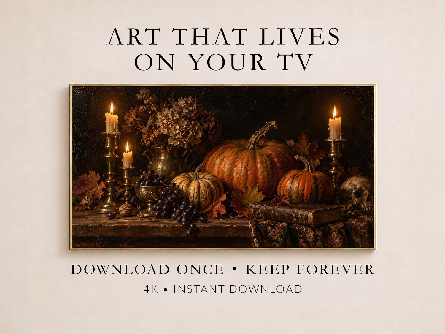 Dark moody still life artwork with glowing candles, rust-orange pumpkins, autumn leaves and grapes displayed on a Frame TV, showing the instant download convenience of digital wall art.