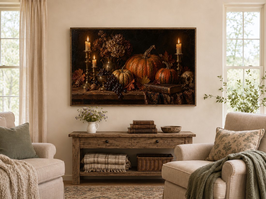Dark ornate still life with glowing candles and pumpkins shown on a Frame TV in a warm farmhouse living room with reclaimed wood console, antique books and cream armchairs with sage cushions.