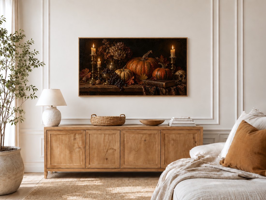 Moody candlelit autumn still life displayed on a Frame TV in a bright bedroom with cream panelled walls, oak sideboard, ceramic lamp and potted olive tree by the window.
