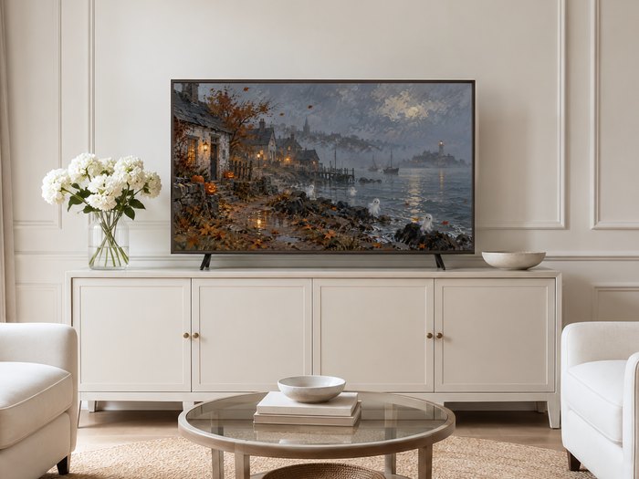 Halloween coastal landscape shown on a Frame TV mounted above a cream sideboard in a neutral living room with cream panelled walls, white hydrangeas in glass vase, round glass coffee table and pale armchairs on jute rug.