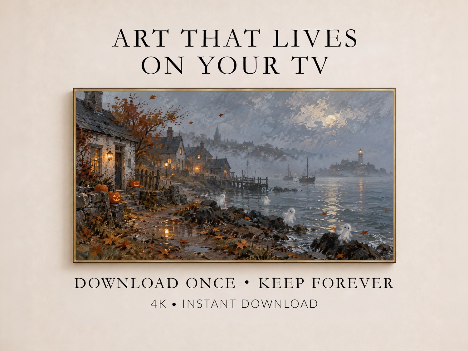 Haunting coastal harbor landscape with glowing jack-o'-lanterns, ghostly figures in water, misty stone cottages and sailboats, displayed on a Frame TV in a promotional layout with gold frame and cream wall background.