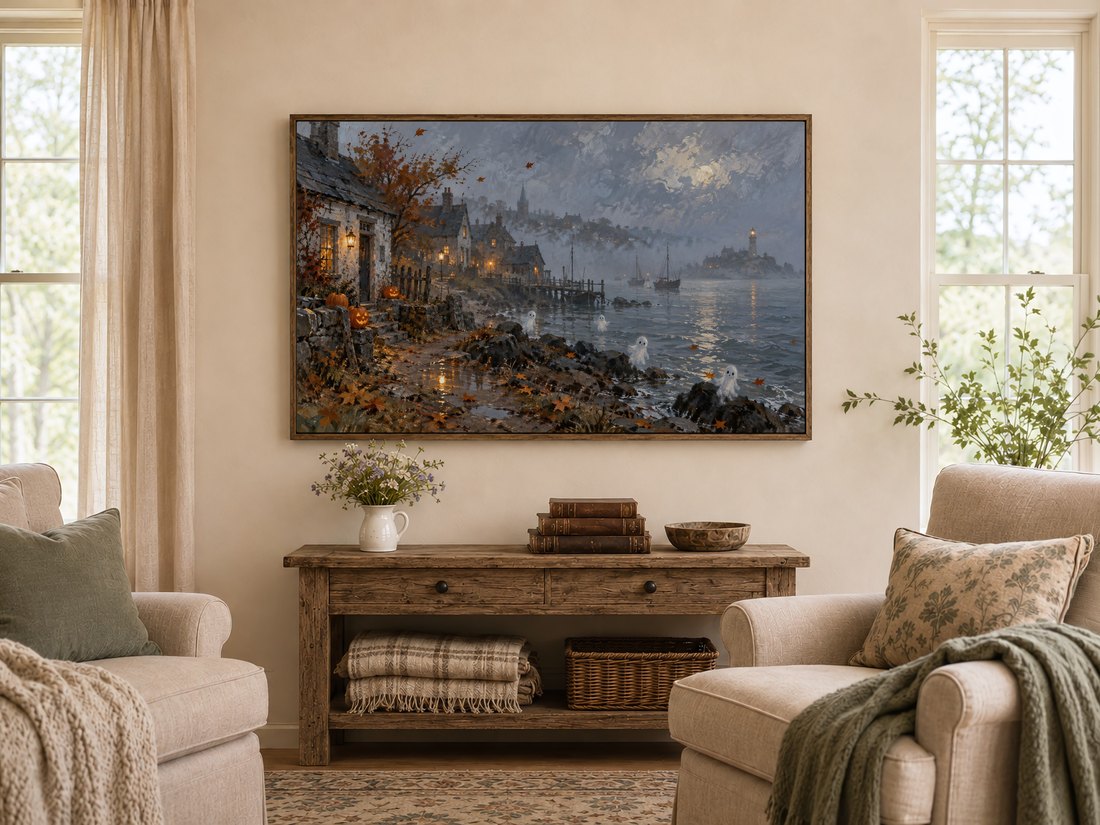 Moody harbor scene with autumn leaves and glowing cottages displayed on a Frame TV above a rustic console table in a warm farmhouse living room with dark wood frame, white pitcher of wildflowers, antique books, cream armchairs with sage cushions and