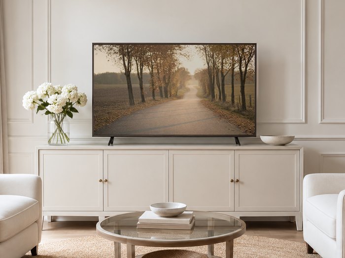 Frame TV showing a hazy autumn country road above a cream sideboard with brass knobs, white hydrangeas, and pale armchairs on a jute rug, bringing soft rust and gold tones into a neutral living room.