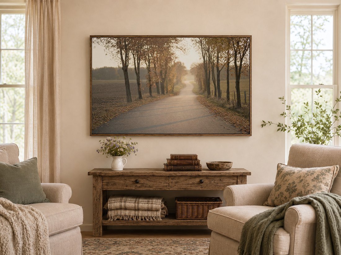 Frame TV with a dark reclaimed-wood surround displaying a rust and gold country road scene, set above a rustic console with wildflowers and books in a warm farmhouse living room with linen curtains.