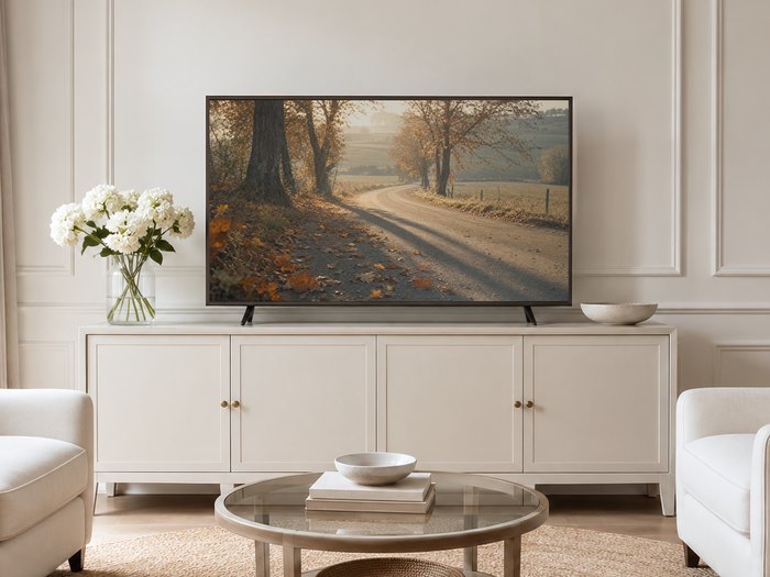 Frame TV art of a golden dirt road and autumn trees displayed in a neutral living room with a cream sideboard, white hydrangeas, glass coffee table and pale armchairs on a jute rug.