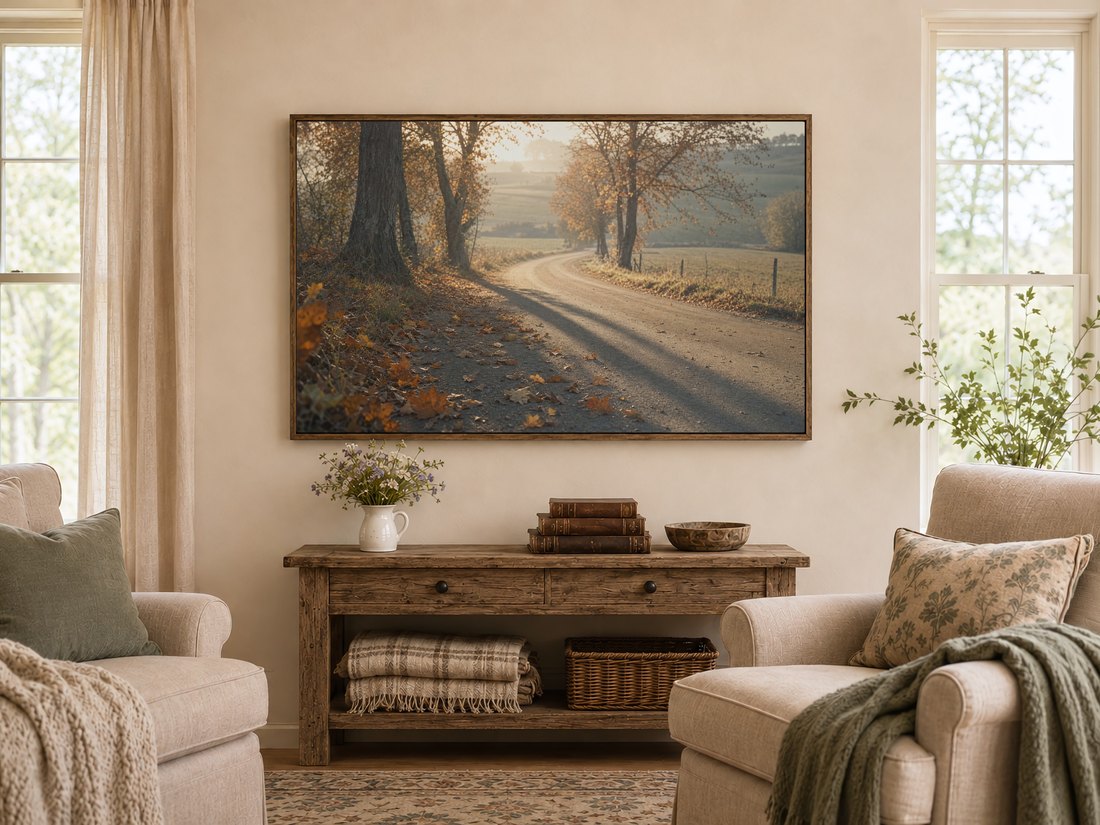 Rust and gold country road scene on a TV in a warm farmhouse living room, set above a rustic console with wildflowers, antique books and a wooden bowl, flanked by cream armchairs with sage cushions.