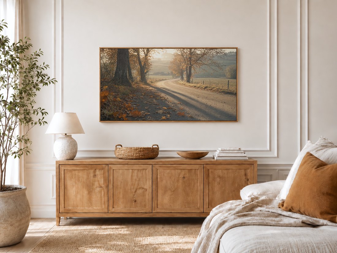 Autumn dirt road landscape shown on a TV in a bright bedroom with cream panelled moulding, a light oak sideboard, ceramic lamp, potted olive tree and a linen bed with a rust cushion.