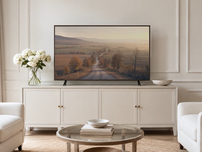 Frame TV showing a hazy autumn country road landscape in a neutral living room with a cream panelled wall, cream sideboard, white hydrangeas and pale armchairs on a jute rug, adding warm muted color to the space.