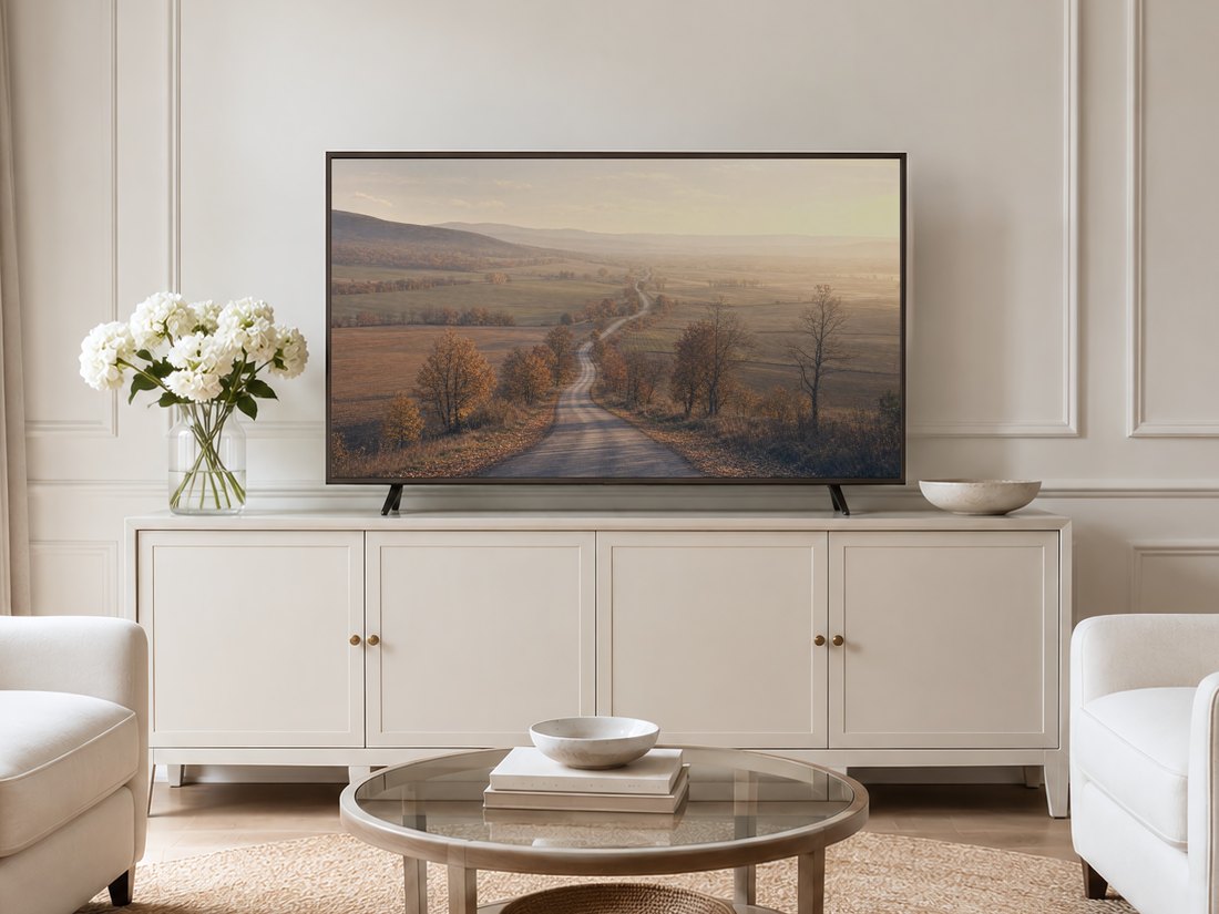 Frame TV showing a hazy autumn country road landscape in a neutral living room with a cream panelled wall, cream sideboard, white hydrangeas and pale armchairs on a jute rug, adding warm muted color to the space.