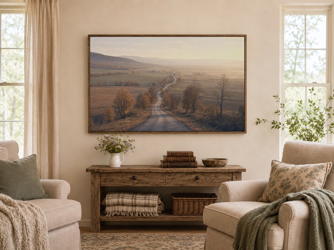 Frame TV art of a rust and gold country road above a rustic console table in a warm farmhouse living room, with wildflowers, leather books and cream armchairs with sage cushions nearby.