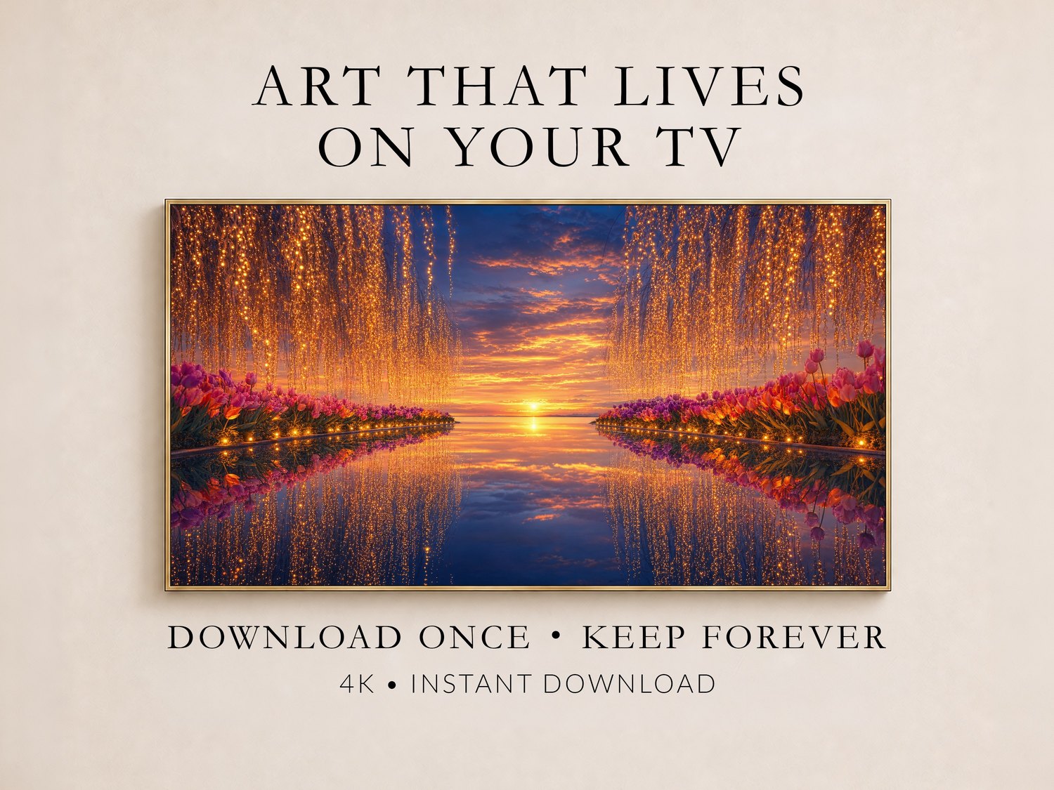 Sunset tulip reflection art shown on a Frame TV in a thin gold frame on a soft cream wall, with golden fairy lights, pink tulips and a mirrored sunset pool, promoting instant 4K digital downloads for TV art collectors.