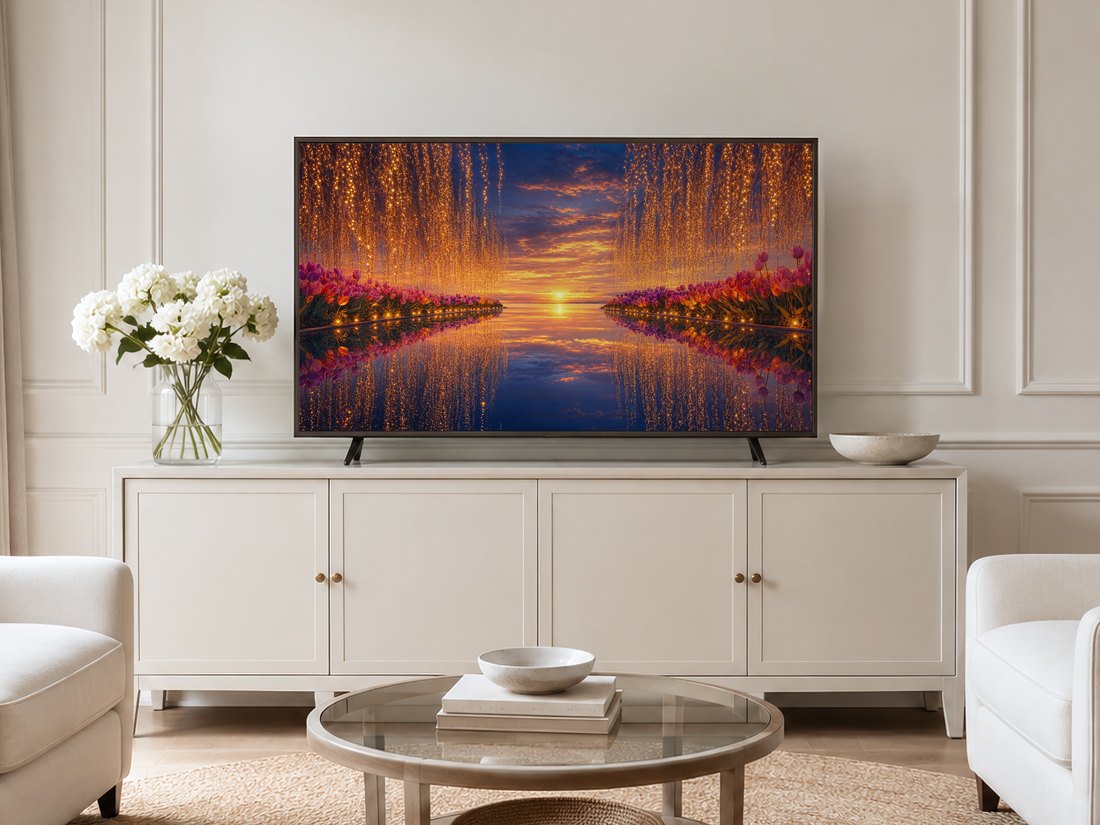 Sunset tulip reflection art displayed on a TV in a neutral living room with a cream panelled wall, long sideboard, white hydrangeas and pale armchairs on a jute rug, bringing warm golden and rose tones into a calm modern space.