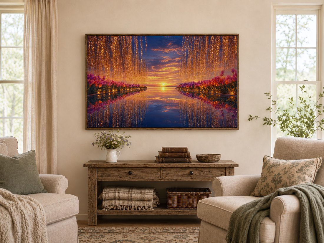 Sunset tulip reflection art on a TV in a warm farmhouse living room, framed by a dark reclaimed-wood console with wildflowers and leather books, cream armchairs with sage cushions and linen curtains softening the amber glow.