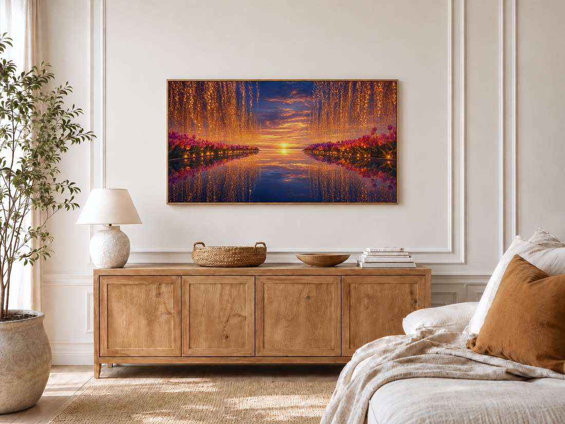 Sunset tulip reflection art on a TV in a bright bedroom with cream panelled moulding, a light oak sideboard, potted olive tree and a linen bed with a rust cushion, adding a golden garden glow to the calm sleeping space.